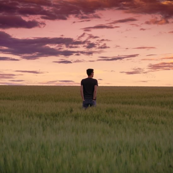 man standing between tall grasses during golden hour